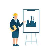 Worker contractor, builder presentation plan build on stand board. Build industry architect woman in helmet show new project house. Construction building worker, engineer. Vector