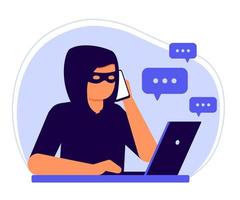 Online and phone fraud, computer hacker, thief man scam in social media. Cheating on internet, covert crime swindler, cybercrime, data hacking. Danger of stealing money, personal information. Vector