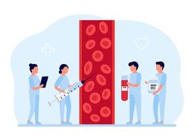 Blood test, science health on blood, donor help. Doctors study and examination health people, medicine aid. Vector illustration