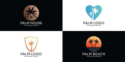 Palm tree or palm beach icon set logo design with creative element Premium Vector