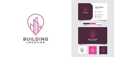 Building location logo with pin point and business card design Premium Vector