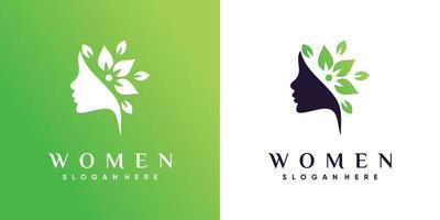 Women face logo design for beauty salon with leaf element Premium Vector