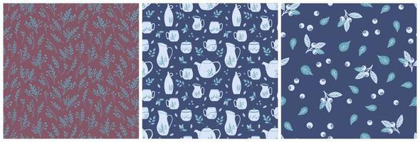 Set of retro seamless patterns. Cute prints with ceramic tableware, berries and plants. Flat style hand drawn vector illustrations for textile, fabric, surface, wallpaper, wrapping paper.