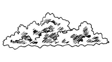 Hand drawn vector drawing of a black outline on a white background. Cumulus clouds, wind, sky, seasonal weather. Element of nature, air, thunderstorm, storm.