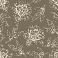 Delicate floral vector seamless pattern. Light contour of flowers, peony leaves on a beige-gray background. For prints, fabrics, laces, textile products.