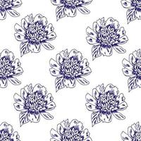 Hand drawn elegant floral vector seamless pattern. Blue contour of a peony flower on a white background. For prints on fabrics, textiles, home decor, bedding, lace.