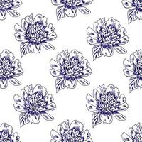 patrón transparente de vector floral elegante dibujado a mano. contorno azul de una flor de peonía sobre un fondo blanco. para estampados en telas, textiles, decoración del hogar, ropa de cama, encaje.