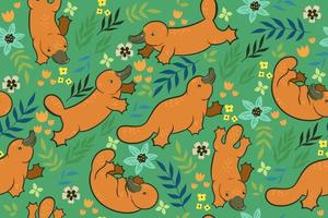 Seamless pattern with cute swimming platypuses. Vector graphics.