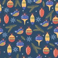 Seamless pattern with Christmas decorations and fir branches. Vector graphics.