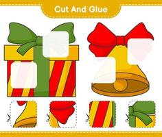 Cut and glue, cut parts of Christmas Bell, Gift Box and glue them. Educational children game, printable worksheet, vector illustration