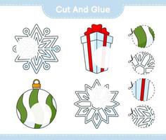 Cut and glue, cut parts of Snowflake, Christmas Ball, Gift Box and glue them. Educational children game, printable worksheet, vector illustration