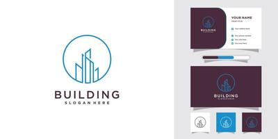 Building logo for business construction with line art style and business card design Premium Vector