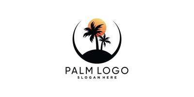 Palm tree logo design template with sun Premium Vector