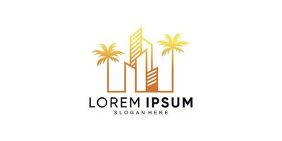 edificio creativo y logotipo de icono de palma con vector premium de concepto moderno