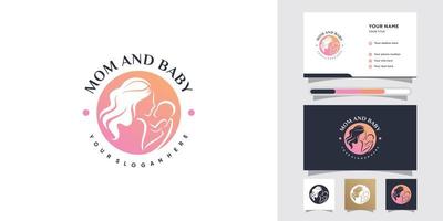 Mom and baby logo design with negative space concept and business card template Premium Vector