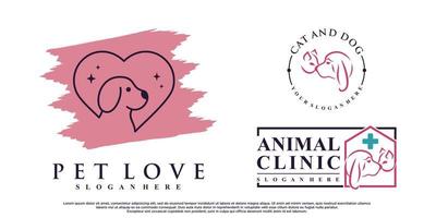 Set of dog and cat animals logo design with linear style and heart element Premium Vector