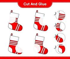 Cut and glue, cut parts of Christmas Sock and glue them. Educational children game, printable worksheet, vector illustration