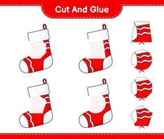 Cut and glue, cut parts of Christmas Sock and glue them. Educational children game, printable worksheet, vector illustration