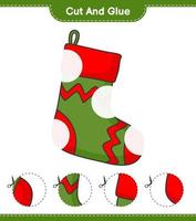 corta y pega, corta partes del calcetín navideño y pégalas. juego educativo para niños, hoja de cálculo imprimible, ilustración vectorial vector