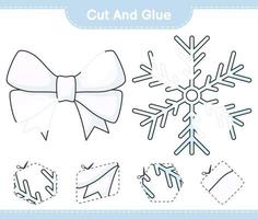 Cut and glue, cut parts of Snowflake, Ribbon and glue them. Educational children game, printable worksheet, vector illustration