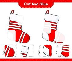 Cut and glue, cut parts of Christmas Sock and glue them. Educational children game, printable worksheet, vector illustration