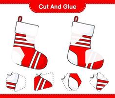 Cut and glue, cut parts of Christmas Sock and glue them. Educational children game, printable worksheet, vector illustration