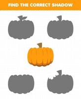 Education game for children find the correct shadow set of cartoon vegetable pumpkin vector
