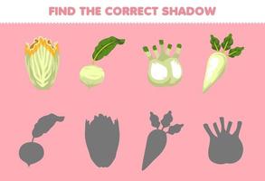 Education game for children find the correct shadow set of cartoon white vegetables witloof turnip daikon fennel vector