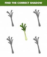 Education game for children find the correct shadow set of cartoon vegetable leek vector