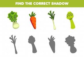 Education game for children find the correct shadow set of cartoon vegetables lettuce carrot leek asparagus vector