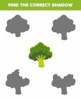 Education game for children find the correct shadow set of cartoon vegetable broccoli vector