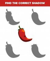 Education game for children find the correct shadow set of cartoon vegetable chilli vector