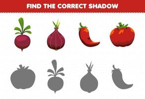 Education game for children find the correct shadow set of cartoon red vegetables beet shallot chilli tomato vector