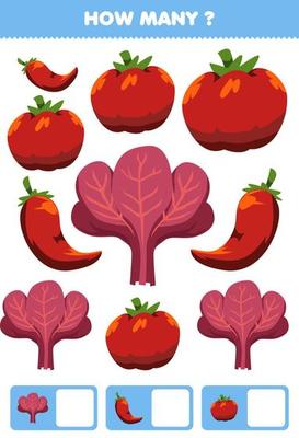 Education game for children searching and counting activity for preschool how many cartoon vegetables chilli tomato red spinach
