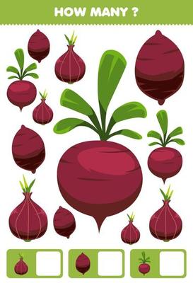 Education game for children searching and counting activity for preschool how many cartoon vegetables yam beet shallot