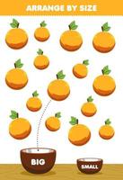 Education game for children arrange by size big or small put it in the bowl cartoon fruit orange pictures vector