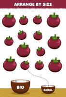 juego educativo para niños organizar por tamaño grande o pequeño ponerlo en el tazón imágenes de mangostán de frutas de dibujos animados vector
