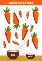 juego educativo para niños organizar por tamaño grande o pequeño ponerlo en el tazón imágenes de zanahorias vegetales de dibujos animados vector
