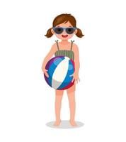 linda niña con traje de baño y gafas de sol sosteniendo una pelota de playa inflable divirtiéndose en verano vector