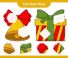 Cut and glue, cut parts of Christmas Bell, Gift Box and glue them. Educational children game, printable worksheet, vector illustration