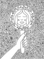 Happy woman looking in mirror coloring page illustration. Hand drawn flowered mirror and beautiful woman looking bector illustration. Coloring book for children and adults vector