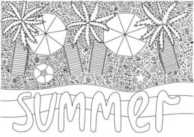 Summer beach coloring page top view. Vector hand drawn sunny beach top view with palms umbrellas and chaise lounges. Coloring book for children and adults.