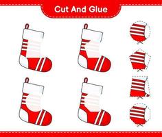 Cut and glue, cut parts of Christmas Sock and glue them. Educational children game, printable worksheet, vector illustration