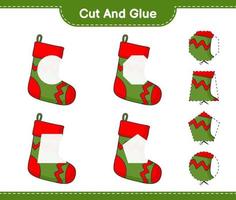 Cut and glue, cut parts of Christmas Sock and glue them. Educational children game, printable worksheet, vector illustration