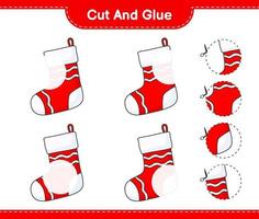 Cut and glue, cut parts of Christmas Sock and glue them. Educational children game, printable worksheet, vector illustration