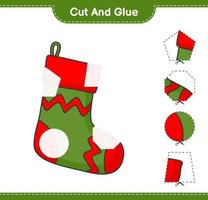corta y pega, corta partes del calcetín navideño y pégalas. juego educativo para niños, hoja de cálculo imprimible, ilustración vectorial vector