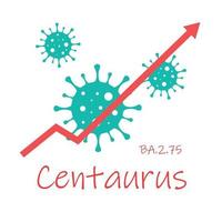 Omicron sub-variant BA.2.75 also known as Centaurus. The arrow shows a dramatic increase in disease. White text on dark red background with images of coronavirus. vector