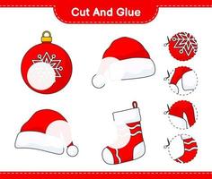 Cut and glue, cut parts of Christmas Ball, Santa Hat, Christmas Sock and glue them. Educational children game, printable worksheet, vector illustration