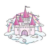 Magic sparkling castle on clouds with rainbow behind it vector