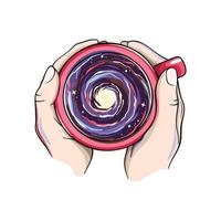 Hands holding a red coffee cup with space galaxy in it, magic fantasy vector drawing, illustration